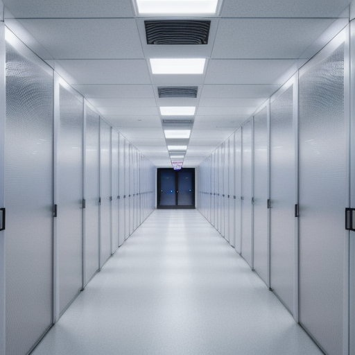 Data center corridor with secure infrastructure lights, no people